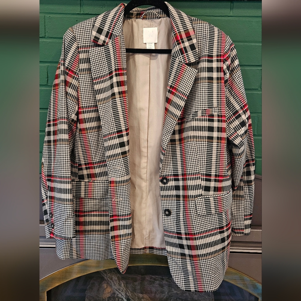 NWOT Oversized Plaid Blazer with Red Accents